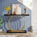 Console dorée, table d'entrée en faux marbre, table de canapé étroite avec base métallique géométrique, table d'appoint moderne de 101,6 cm