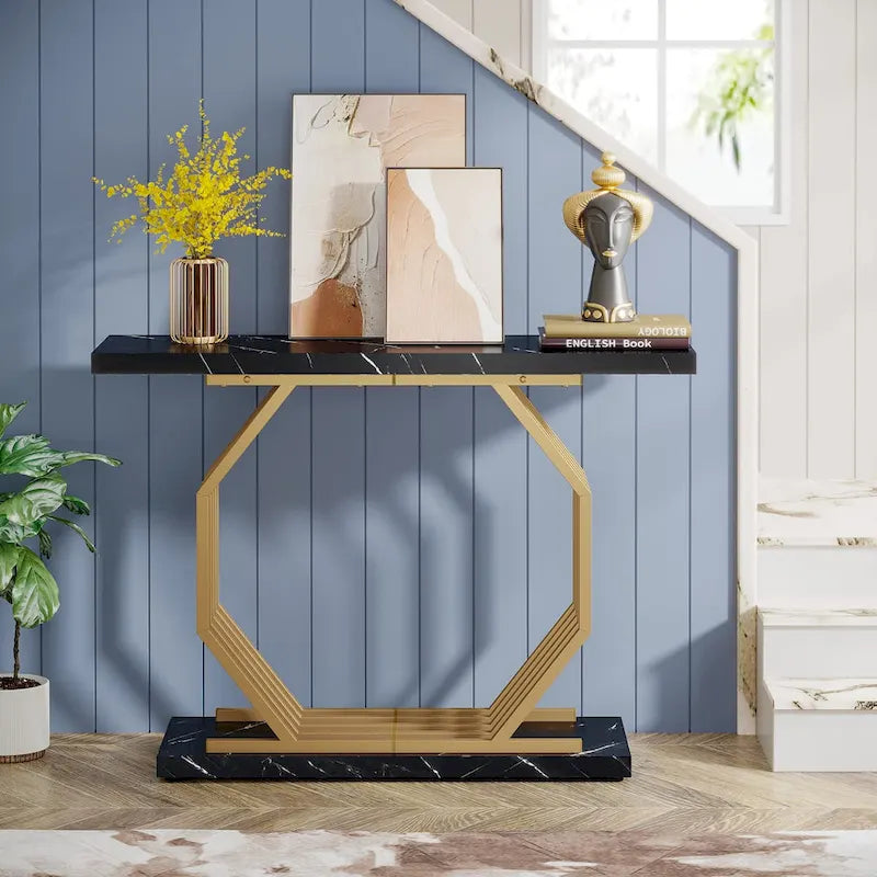 Console dorée, table d'entrée en faux marbre, table de canapé étroite avec base métallique géométrique, table d'appoint moderne de 101,6 cm