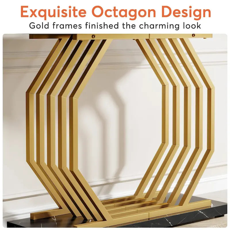 Console dorée, table d'entrée en faux marbre, table de canapé étroite avec base métallique géométrique, table d'appoint moderne de 101,6 cm