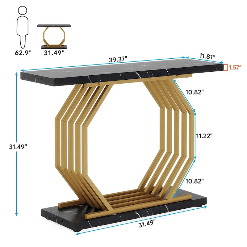 Console dorée, table d'entrée en faux marbre, table de canapé étroite avec base métallique géométrique, table d'appoint moderne de 101,6 cm