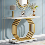 Console dorée, table d'entrée en faux marbre, table de canapé étroite avec base métallique géométrique, table d'appoint moderne de 101,6 cm