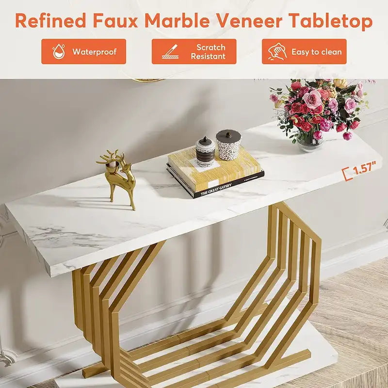 Console dorée, table d'entrée en faux marbre, table de canapé étroite avec base métallique géométrique, table d'appoint moderne de 101,6 cm