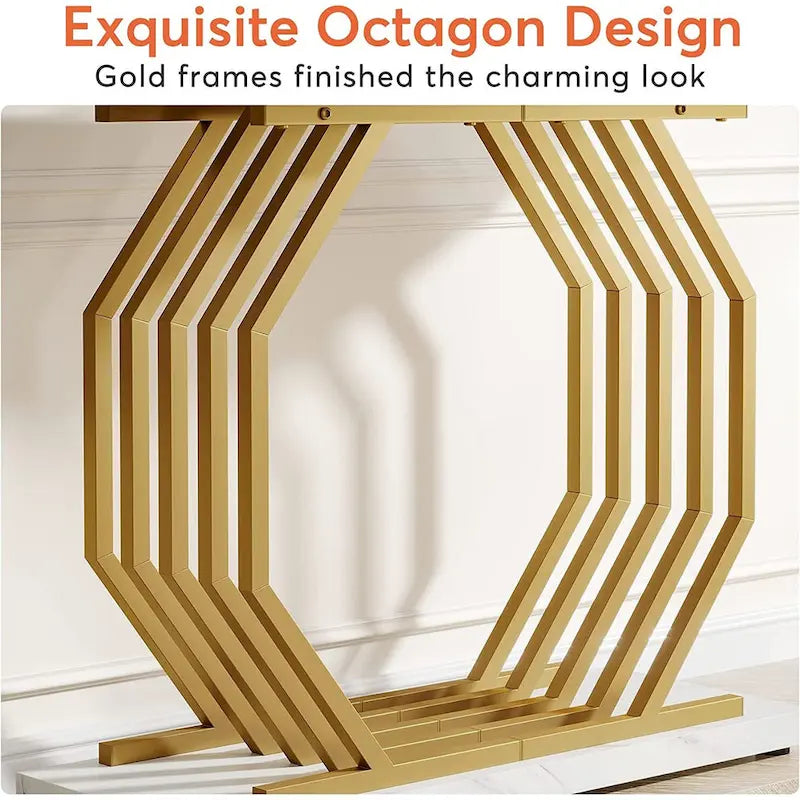 Console dorée, table d'entrée en faux marbre, table de canapé étroite avec base métallique géométrique, table d'appoint moderne de 101,6 cm