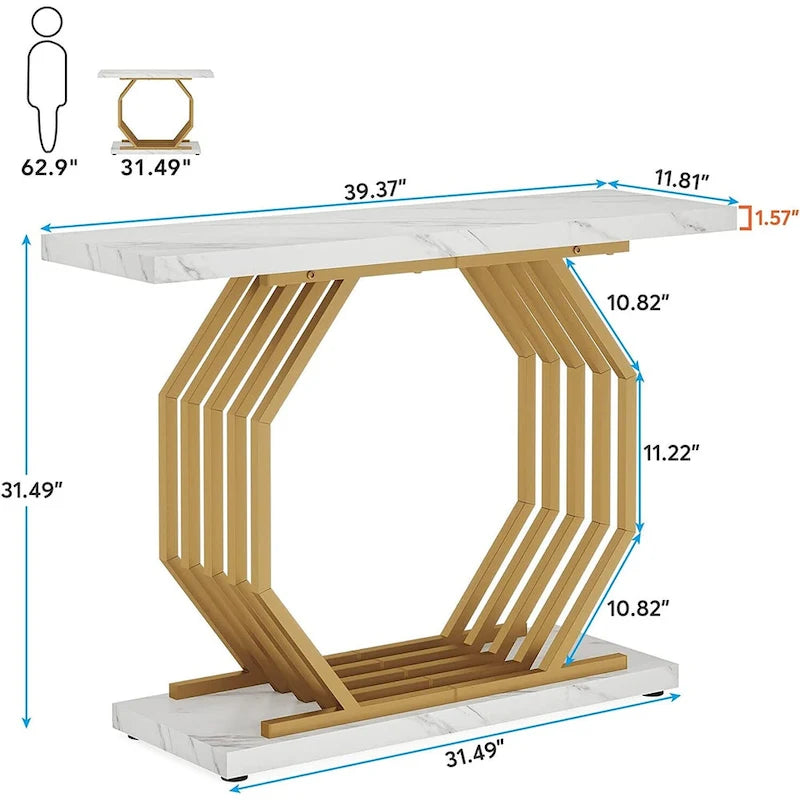 Console dorée, table d'entrée en faux marbre, table de canapé étroite avec base métallique géométrique, table d'appoint moderne de 101,6 cm