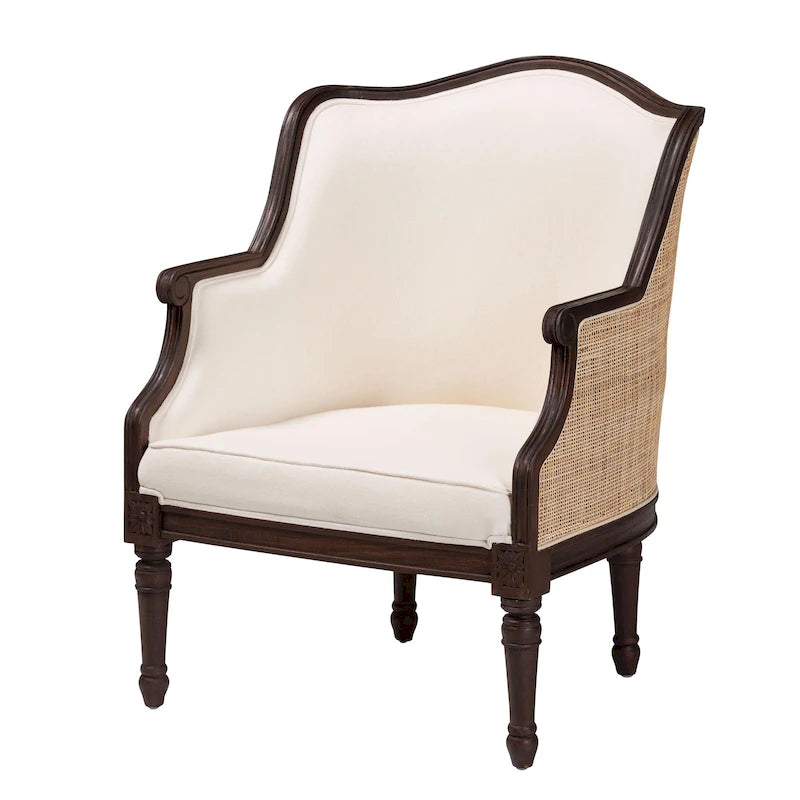 bali & pari Ornella Fauteuil d'appoint traditionnel français en tissu beige et bois foncé