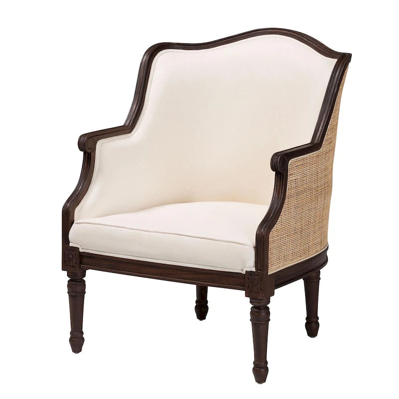 bali & pari Ornella Fauteuil d'appoint traditionnel français en tissu beige et bois foncé