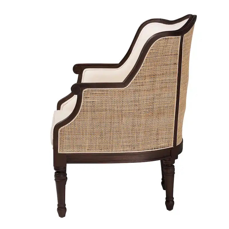 bali & pari Ornella Fauteuil d'appoint traditionnel français en tissu beige et bois foncé