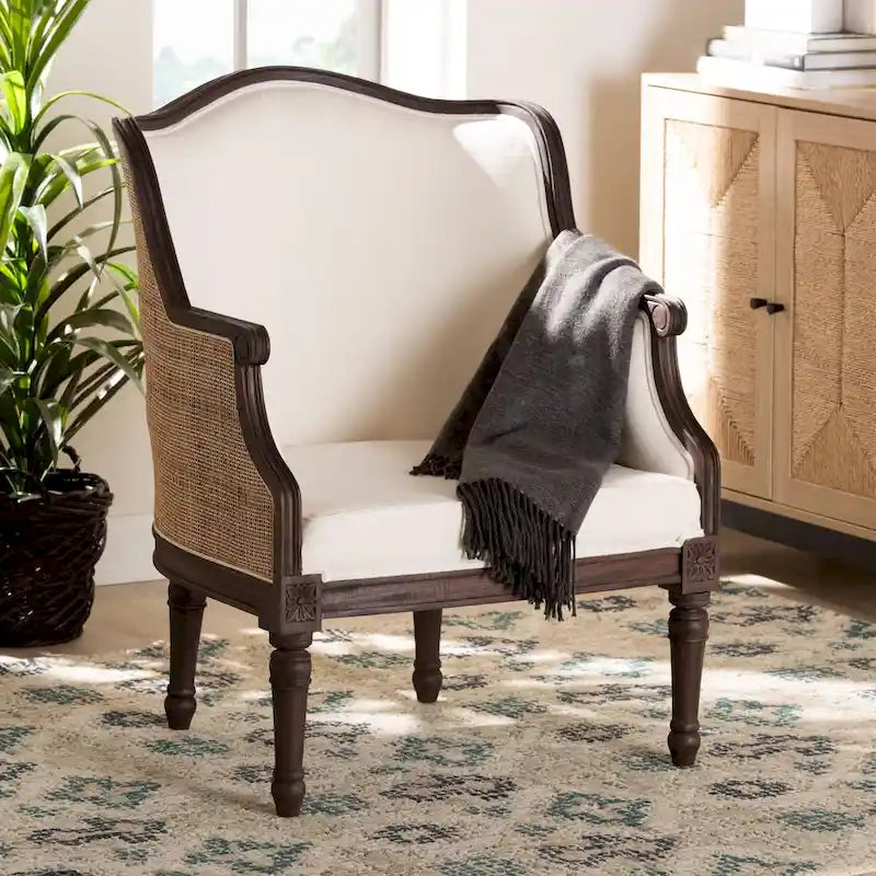bali & pari Ornella Fauteuil d'appoint traditionnel français en tissu beige et bois foncé