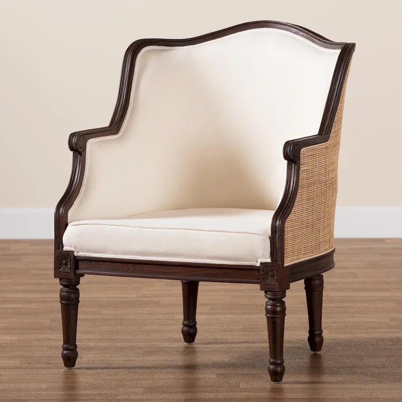 bali & pari Ornella Fauteuil d'appoint traditionnel français en tissu beige et bois foncé