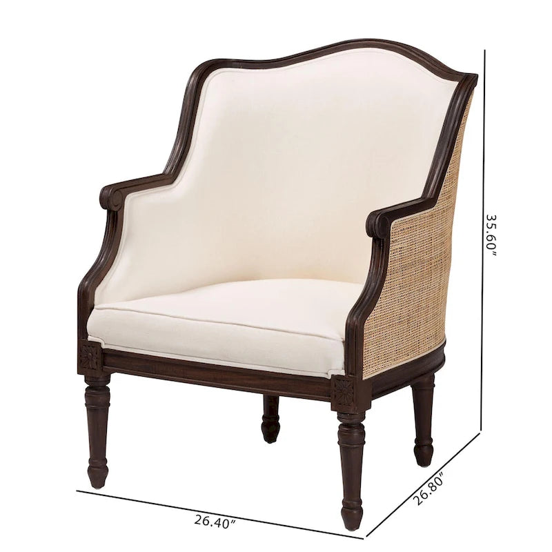 bali & pari Ornella Fauteuil d'appoint traditionnel français en tissu beige et bois foncé