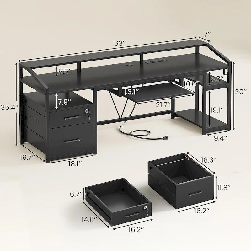 Bureau de jeu et de travail en L de 63 po avec lumière DEL, prise de courant et tiroirs verrouillables – Brun / Gris / Noir, 1 personne
