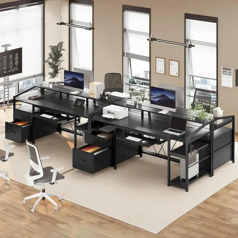 Bureau de jeu et de travail en L de 63 po avec lumière DEL, prise de courant et tiroirs verrouillables – Brun / Gris / Noir, 1 personne