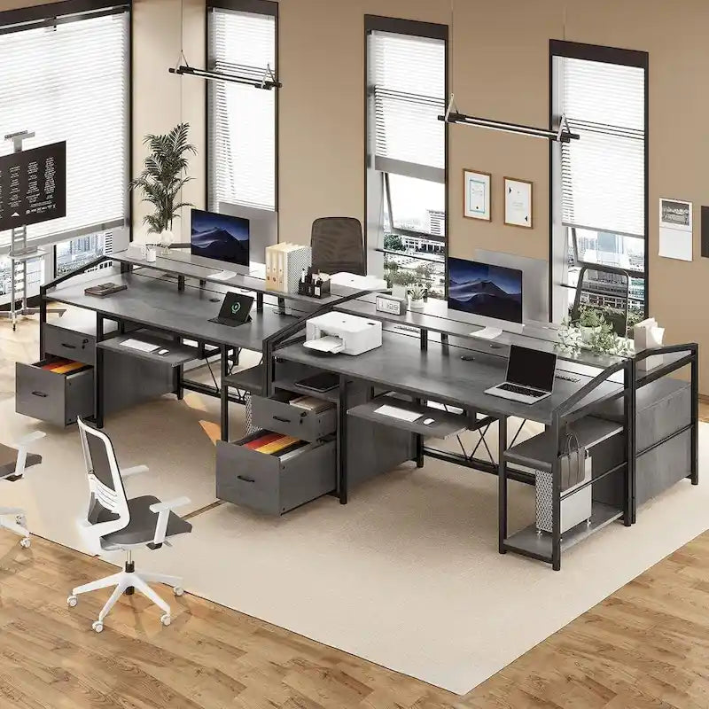 Bureau de jeu et de travail en L de 63 po avec lumière DEL, prise de courant et tiroirs verrouillables – Brun / Gris / Noir, 1 personne