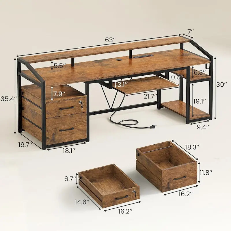Bureau de jeu et de travail en L de 63 po avec lumière DEL, prise de courant et tiroirs verrouillables – Brun / Gris / Noir, 1 personne