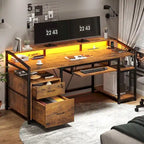 Bureau de jeu et de travail en L de 63 po avec lumière DEL, prise de courant et tiroirs verrouillables – Brun / Gris / Noir, 1 personne