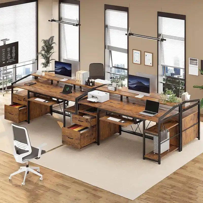 Bureau de jeu et de travail en L de 63 po avec lumière DEL, prise de courant et tiroirs verrouillables – Brun / Gris / Noir, 1 personne