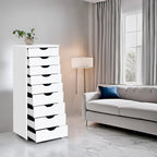Étroite commode en bois à 9 tiroirs coulissants et étagère de rangement supérieure