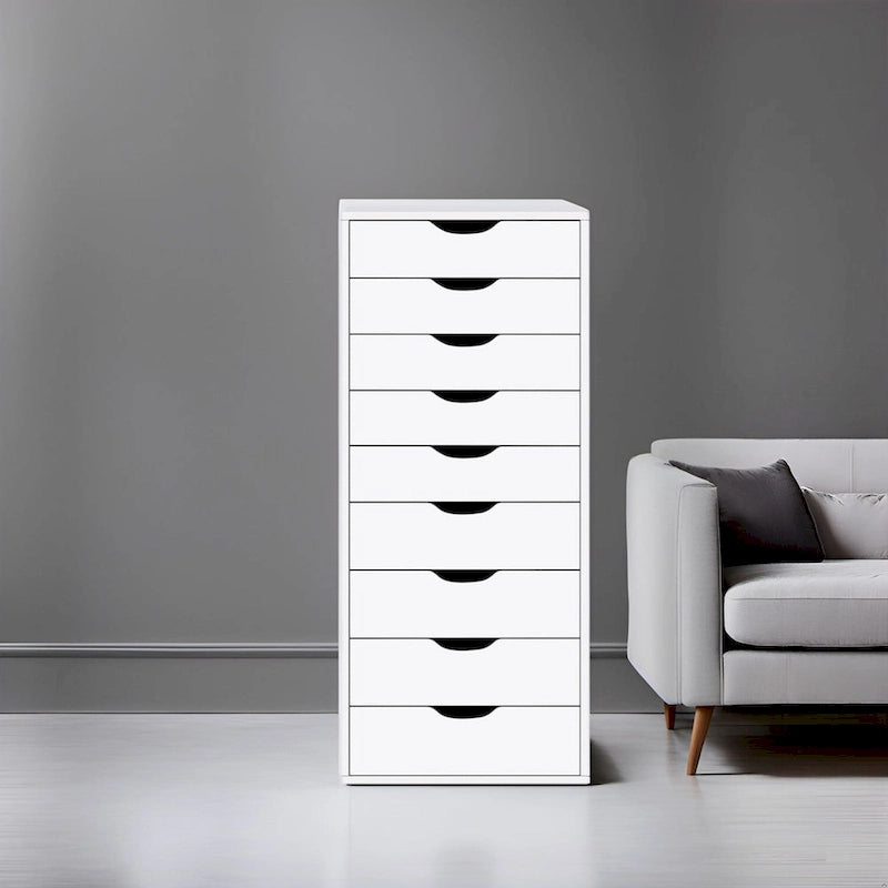 Étroite commode en bois à 9 tiroirs coulissants et étagère de rangement supérieure
