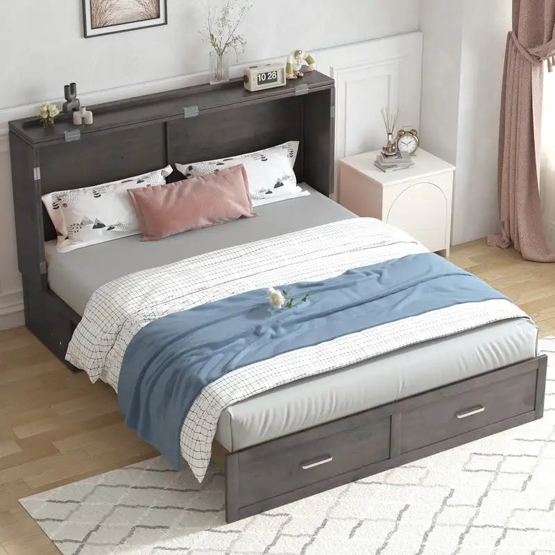 Lit escamotable convertible Murphy avec matelas, tiroir de rangement et station de recharge – Grand lit (Queen), 2 personnes