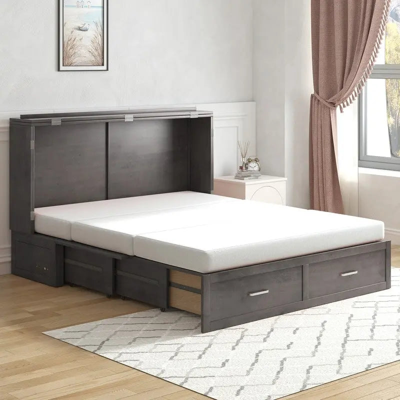 Lit escamotable convertible Murphy avec matelas, tiroir de rangement et station de recharge – Grand lit (Queen), 2 personnes