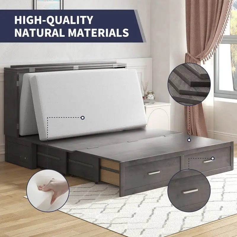 Lit escamotable convertible Murphy avec matelas, tiroir de rangement et station de recharge – Grand lit (Queen), 2 personnes