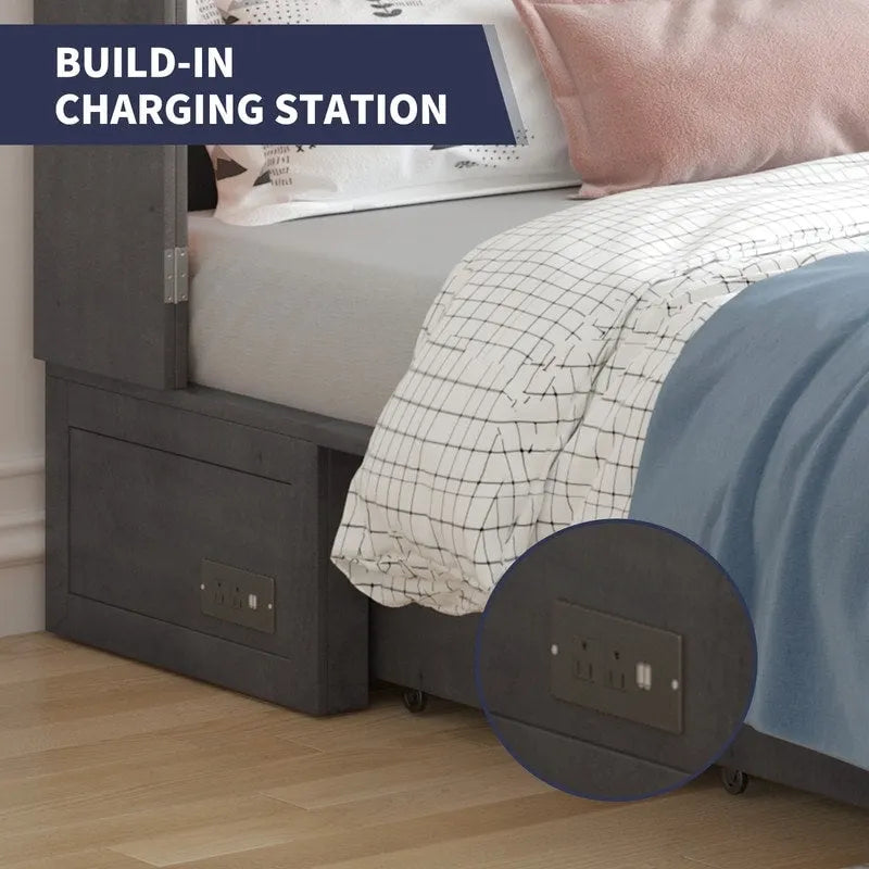 Lit escamotable convertible Murphy avec matelas, tiroir de rangement et station de recharge – Grand lit (Queen), 2 personnes