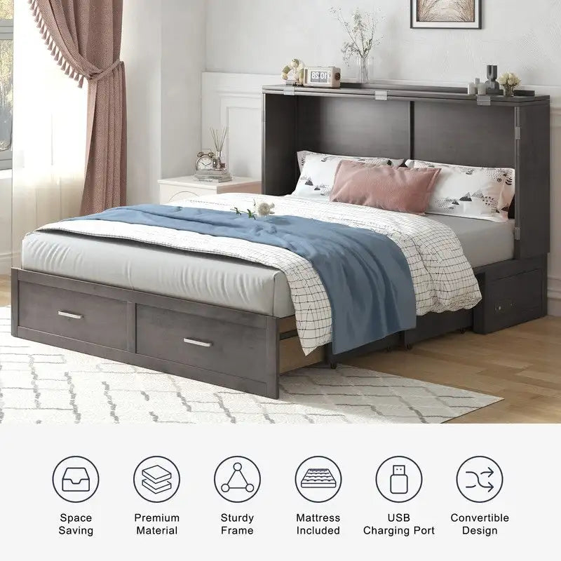 Lit escamotable convertible Murphy avec matelas, tiroir de rangement et station de recharge – Grand lit (Queen), 2 personnes