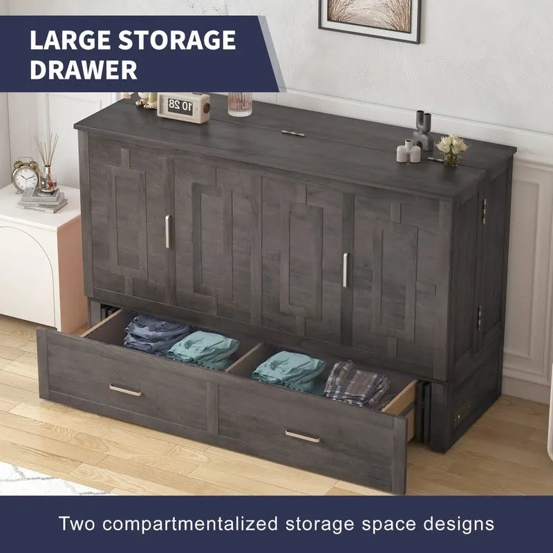 Lit escamotable convertible Murphy avec matelas, tiroir de rangement et station de recharge – Grand lit (Queen), 2 personnes