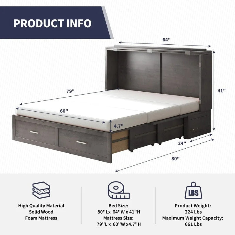 Lit escamotable convertible Murphy avec matelas, tiroir de rangement et station de recharge – Grand lit (Queen), 2 personnes