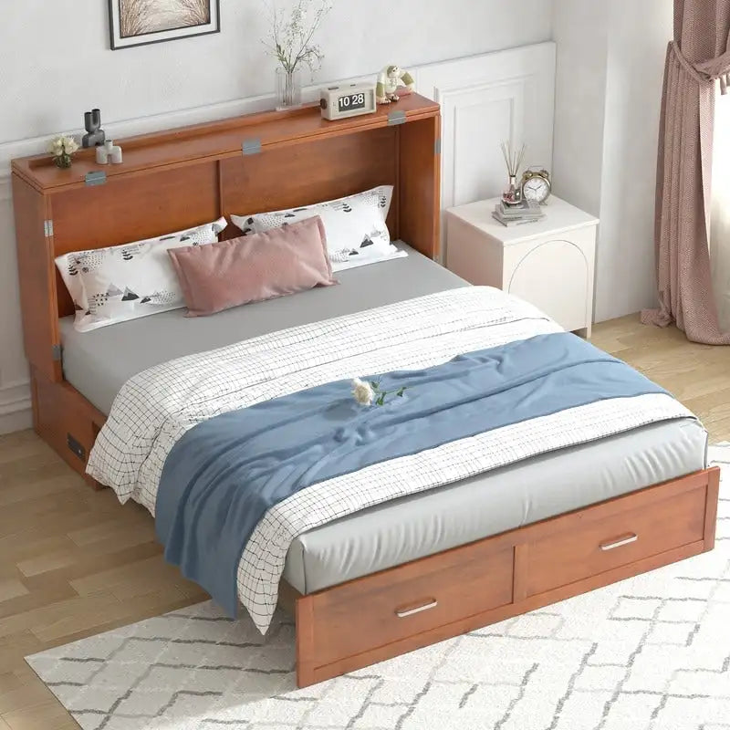 Lit escamotable convertible Murphy avec matelas, tiroir de rangement et station de recharge – Grand lit (Queen), 2 personnes