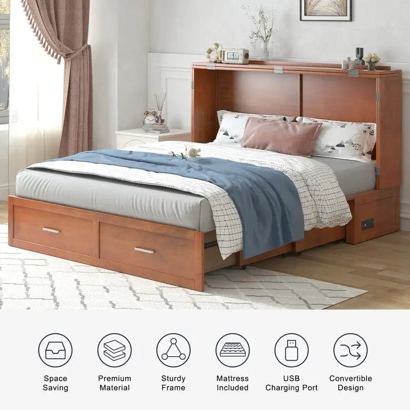 Lit escamotable convertible Murphy avec matelas, tiroir de rangement et station de recharge – Grand lit (Queen), 2 personnes