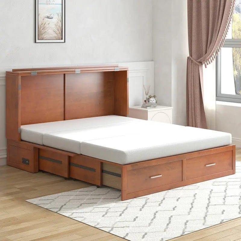 Lit escamotable convertible Murphy avec matelas, tiroir de rangement et station de recharge – Grand lit (Queen), 2 personnes