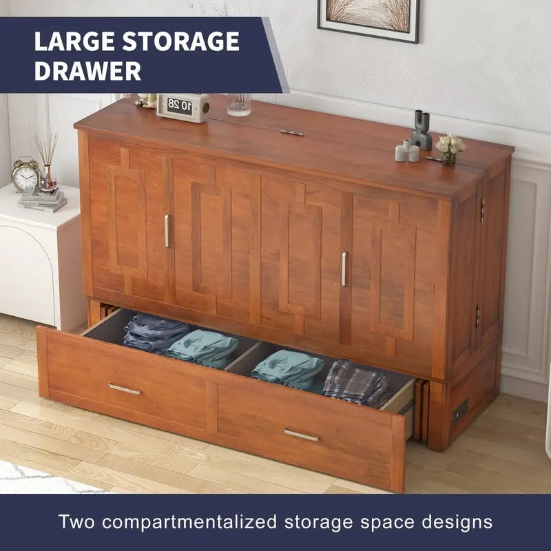 Lit escamotable convertible Murphy avec matelas, tiroir de rangement et station de recharge – Grand lit (Queen), 2 personnes