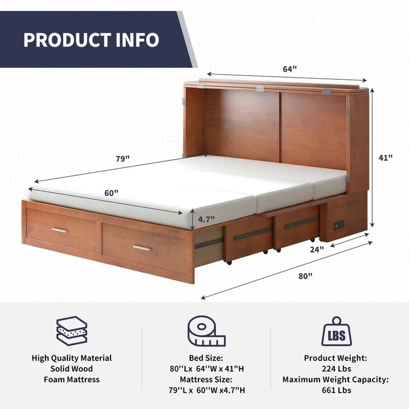 Lit escamotable convertible Murphy avec matelas, tiroir de rangement et station de recharge – Grand lit (Queen), 2 personnes