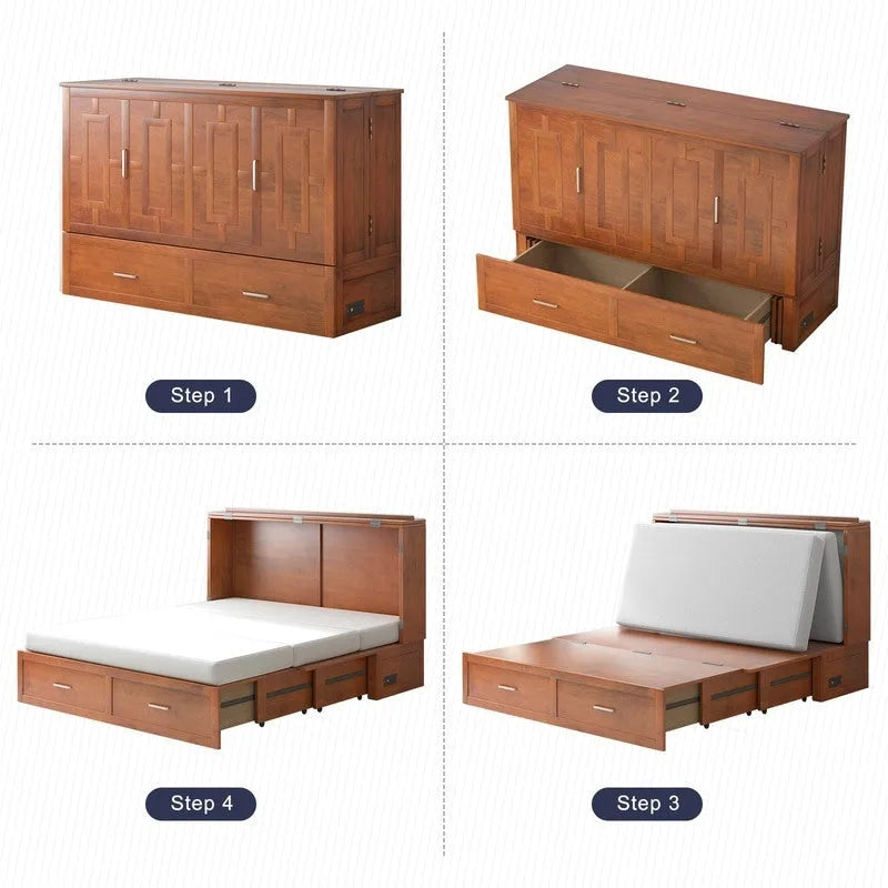 Lit escamotable convertible Murphy avec matelas, tiroir de rangement et station de recharge – Grand lit (Queen), 2 personnes