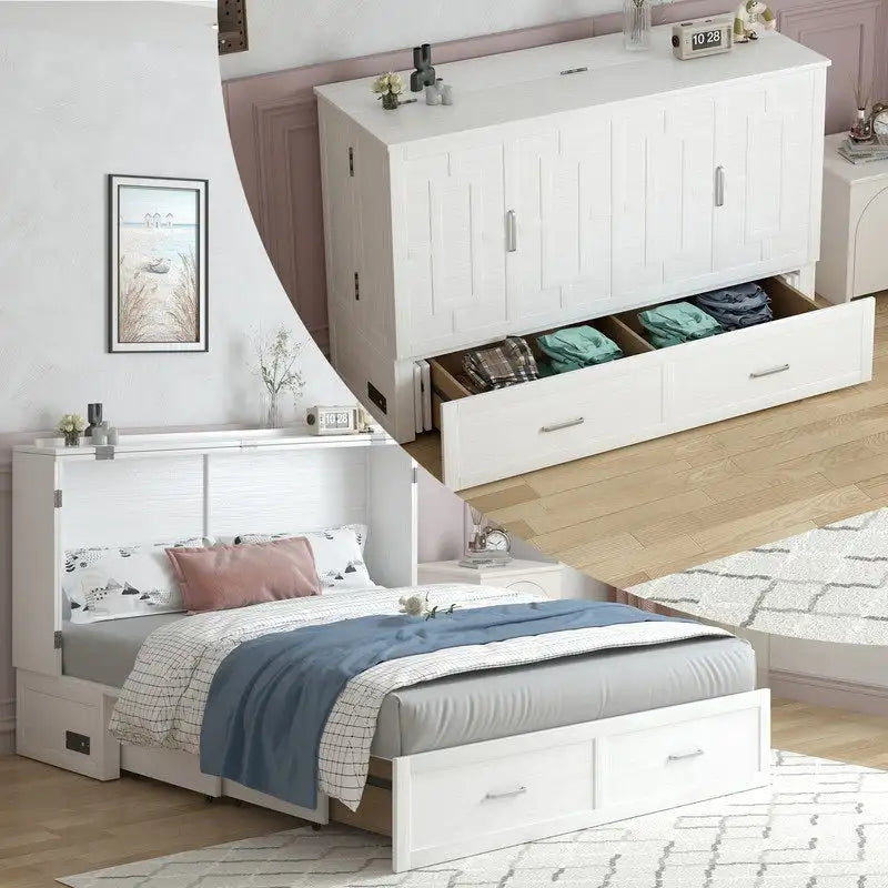 Lit escamotable convertible Murphy avec matelas, tiroir de rangement et station de recharge – Grand lit (Queen), 2 personnes