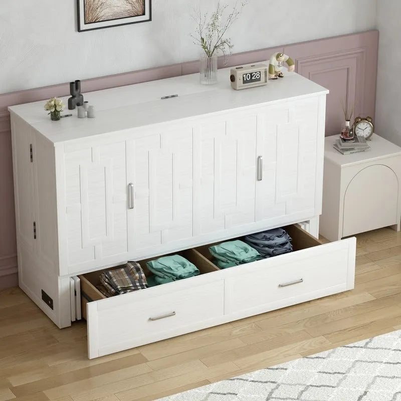 Lit escamotable convertible Murphy avec matelas, tiroir de rangement et station de recharge – Grand lit (Queen), 2 personnes