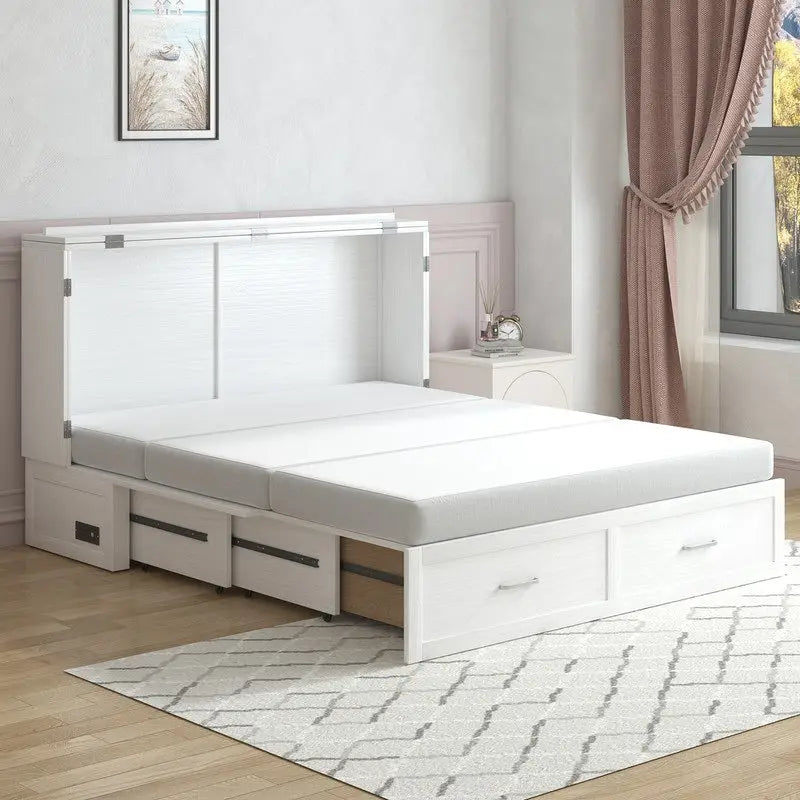 Lit escamotable convertible Murphy avec matelas, tiroir de rangement et station de recharge – Grand lit (Queen), 2 personnes