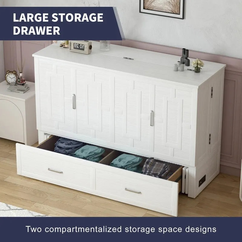Lit escamotable convertible Murphy avec matelas, tiroir de rangement et station de recharge – Grand lit (Queen), 2 personnes