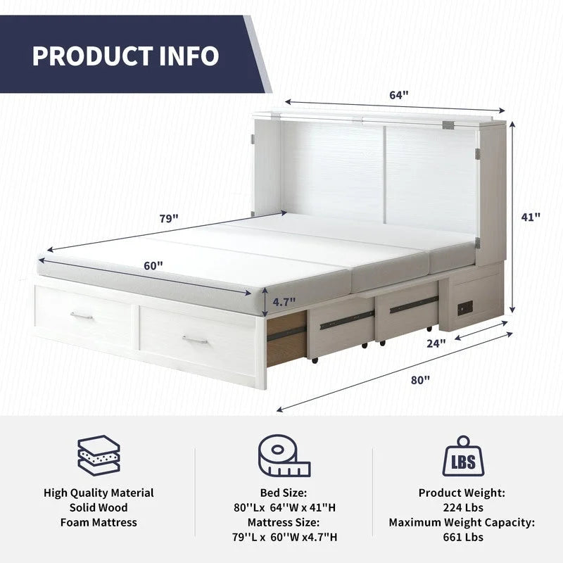 Lit escamotable convertible Murphy avec matelas, tiroir de rangement et station de recharge – Grand lit (Queen), 2 personnes