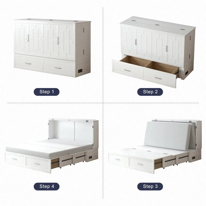 Lit escamotable convertible Murphy avec matelas, tiroir de rangement et station de recharge – Grand lit (Queen), 2 personnes