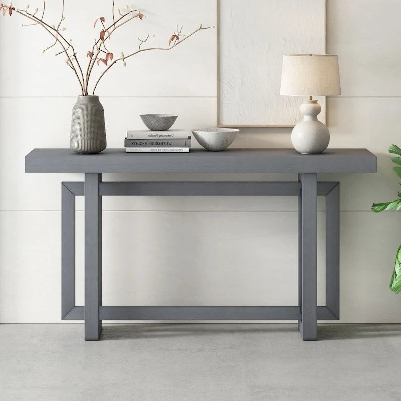 Console contemporaine avec plateau en bois et béton d'inspiration industrielle