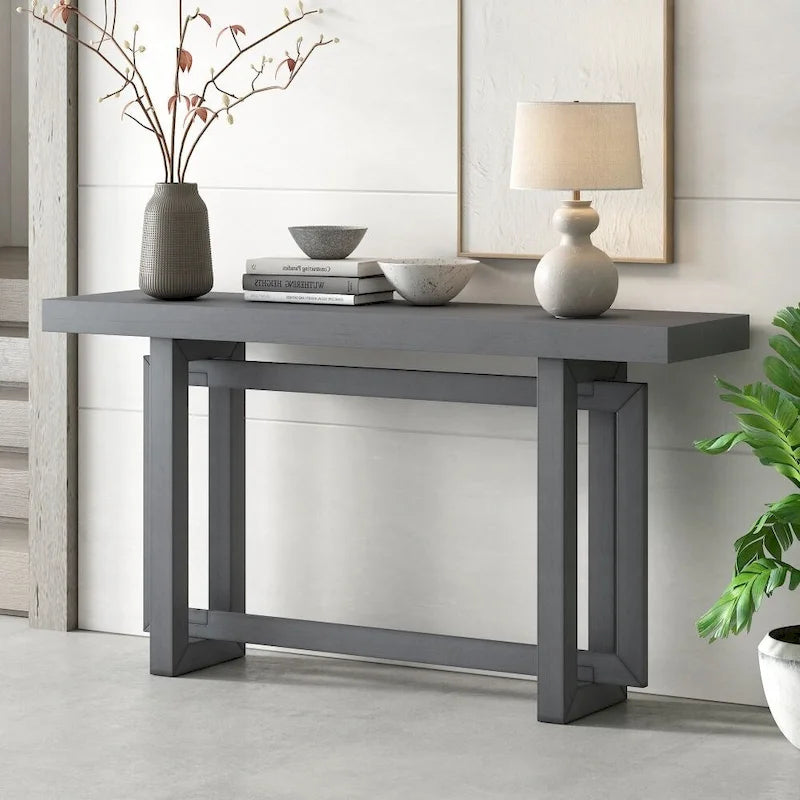 Console contemporaine avec plateau en bois et béton d'inspiration industrielle