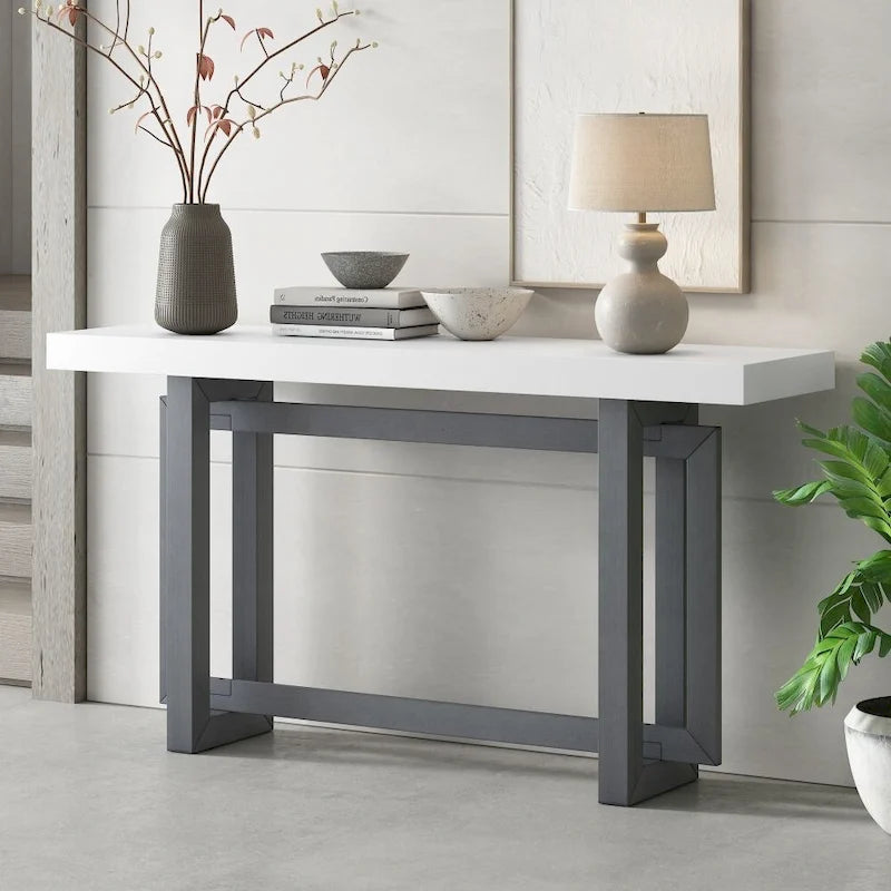 Console contemporaine avec plateau en bois et béton d'inspiration industrielle