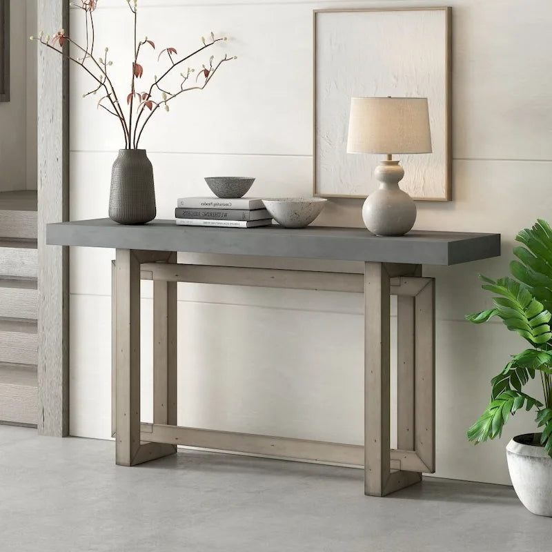 Console contemporaine avec plateau en bois et béton d'inspiration industrielle