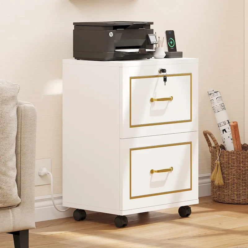 Meuble de rangement mobile Moasis avec 2 tiroirs, support pour imprimante, compatible format A4, Lettre, meuble de classement avec station de charge