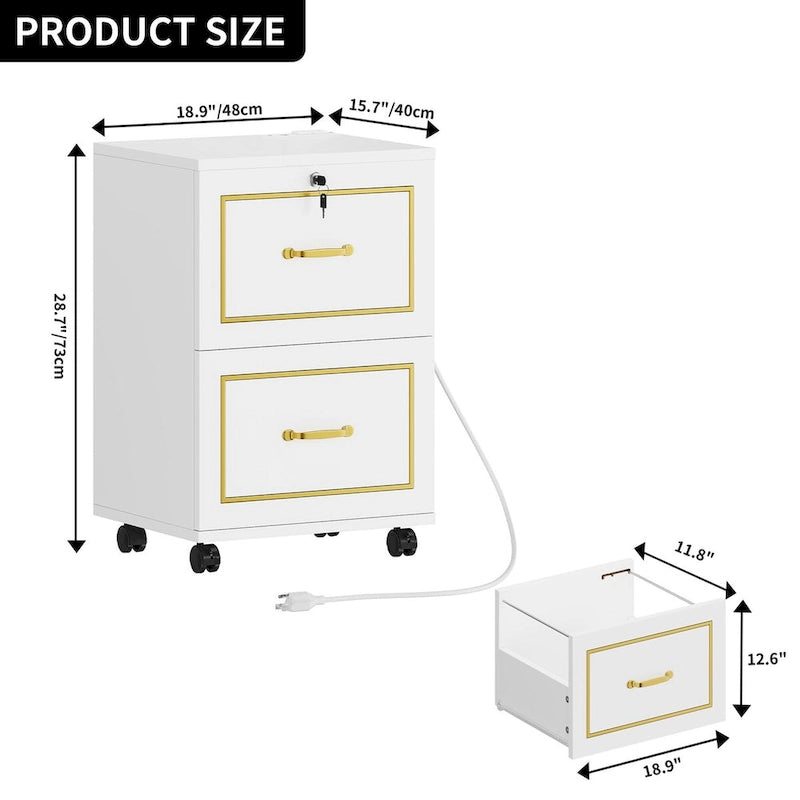 Meuble de rangement mobile Moasis avec 2 tiroirs, support pour imprimante, compatible format A4, Lettre, meuble de classement avec station de charge