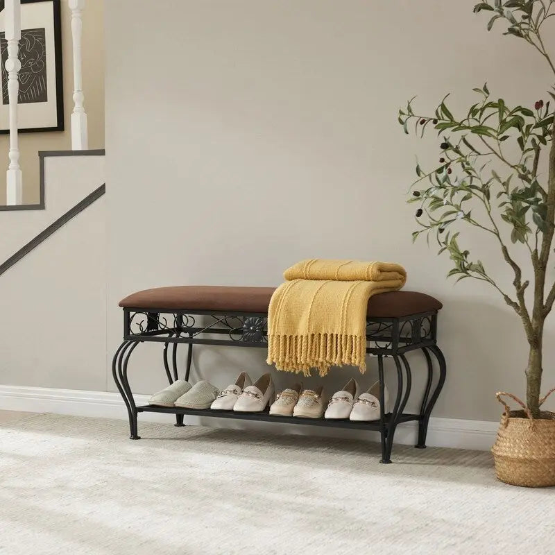 Banc à chaussures Mieres, Meuble à chaussures à 2 niveaux pour entrée, Organisateur de rangement avec siège rembourré, Banc de rangement à chaussures ouvert de 100 cm