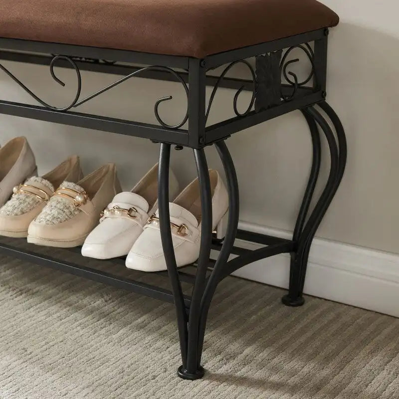 Banc à chaussures Mieres, Meuble à chaussures à 2 niveaux pour entrée, Organisateur de rangement avec siège rembourré, Banc de rangement à chaussures ouvert de 100 cm