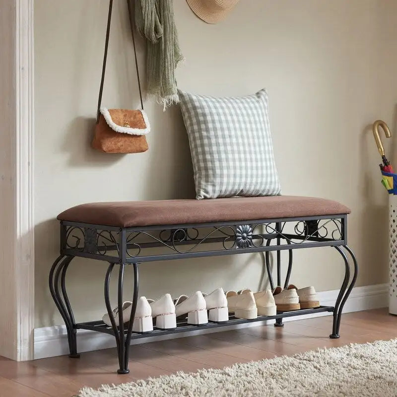 Banc à chaussures Mieres, Meuble à chaussures à 2 niveaux pour entrée, Organisateur de rangement avec siège rembourré, Banc de rangement à chaussures ouvert de 100 cm